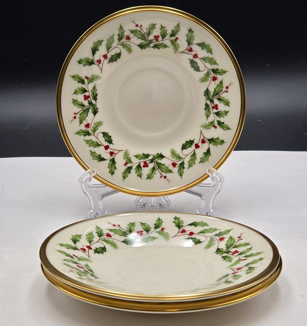 Lenox Holiday Gold Rim Saucer Set of 3 Dimension Collection Holly Berry USA